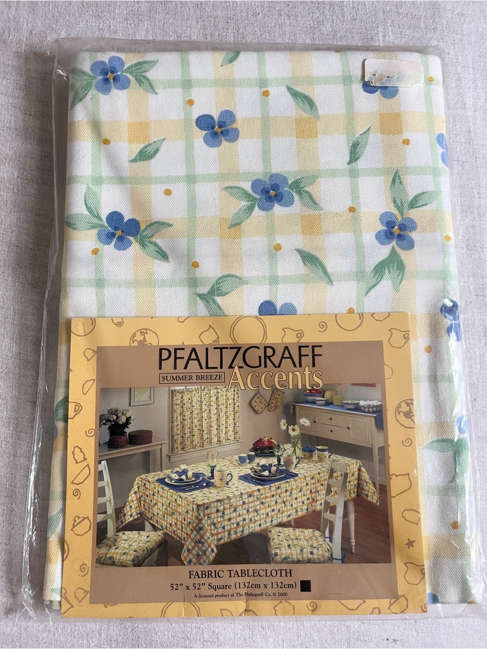 NEW Pfaltzgraff Summer Breeze 52” Square Tablecloth Yellow Blue Floral Plaid Y2K